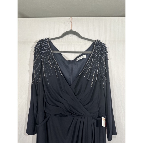 NWT $398 Mac Duggal [ 18 ] Embellished Accents‎ Faux Wrap Jersey Gown Blue - Picture 9 of 15